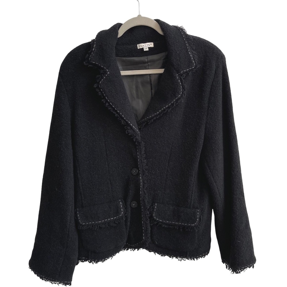 AVALIN Black Textured Wool Blend Blazer Jacket Fringe Trim Button Front‎ Large